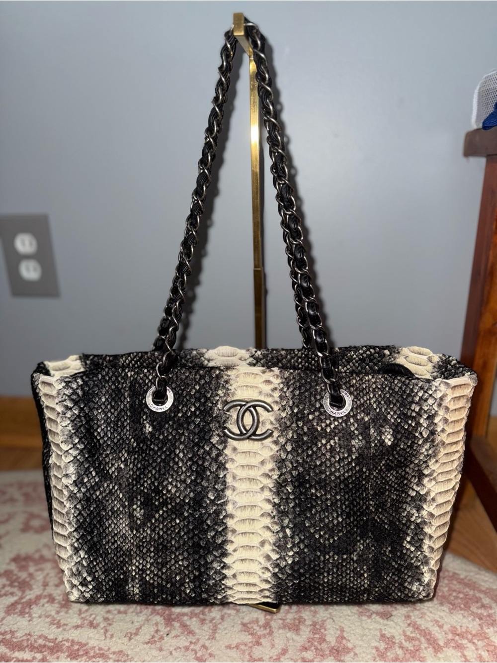 RARE Chanel Black & Cream Python-Effect Chain Tote Bag
